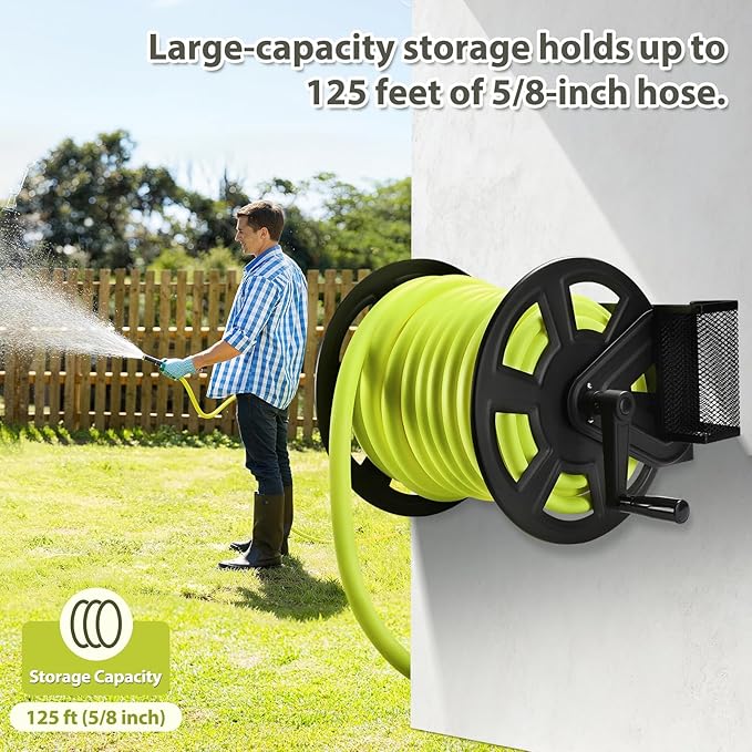 GADFISH Garden Wall Mounted Hose Reel, Metal Hose Reel, Holds 125ft of 5/8-Inch Hose(Not equipped), Equipped with 3.9ft Water Supply Hose and Small Storage Basket, Suitable for Gardens & Yards
