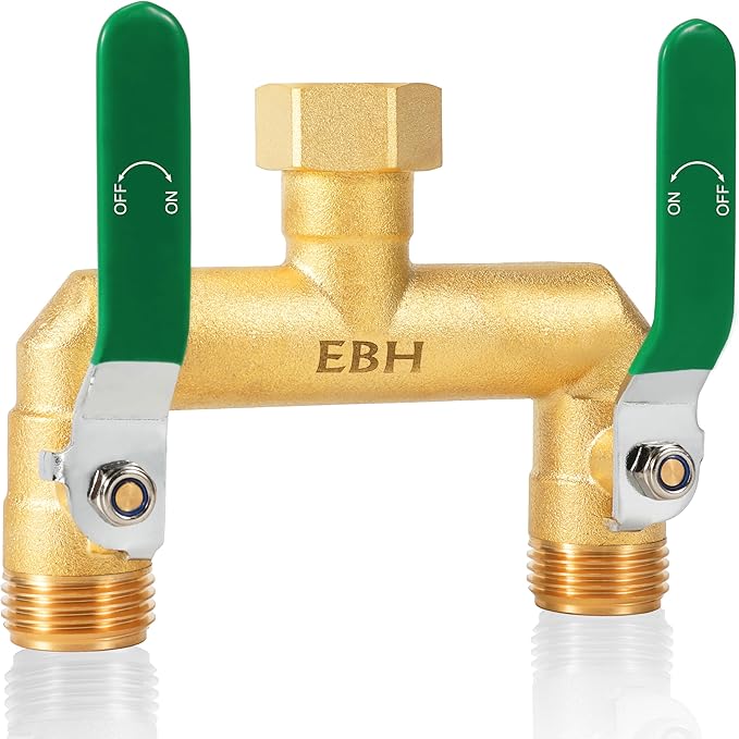 EBH Garden Hose Splitter, 2-Way High Flow Heavy Duty Brass Outdoor Hose Manifold with Extra Long Handles Full Flow Faucet Adapter- 3/4” GHT(Green)