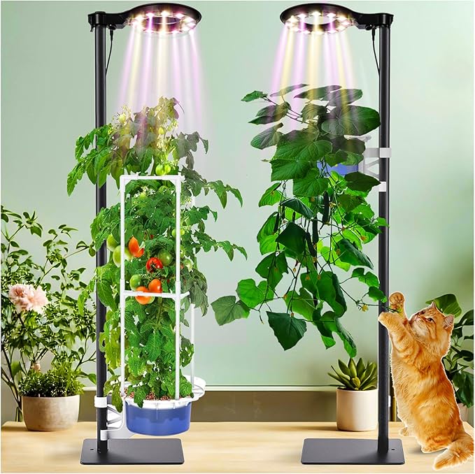 Indoor Plant Hydroponics Growing System Tower Kit with Grow light,Herb Vegetable Indoor Gardening System with Standing Floor Tall LED Grow Lights,Height Adjustable with Stand,Timer,Trellis
