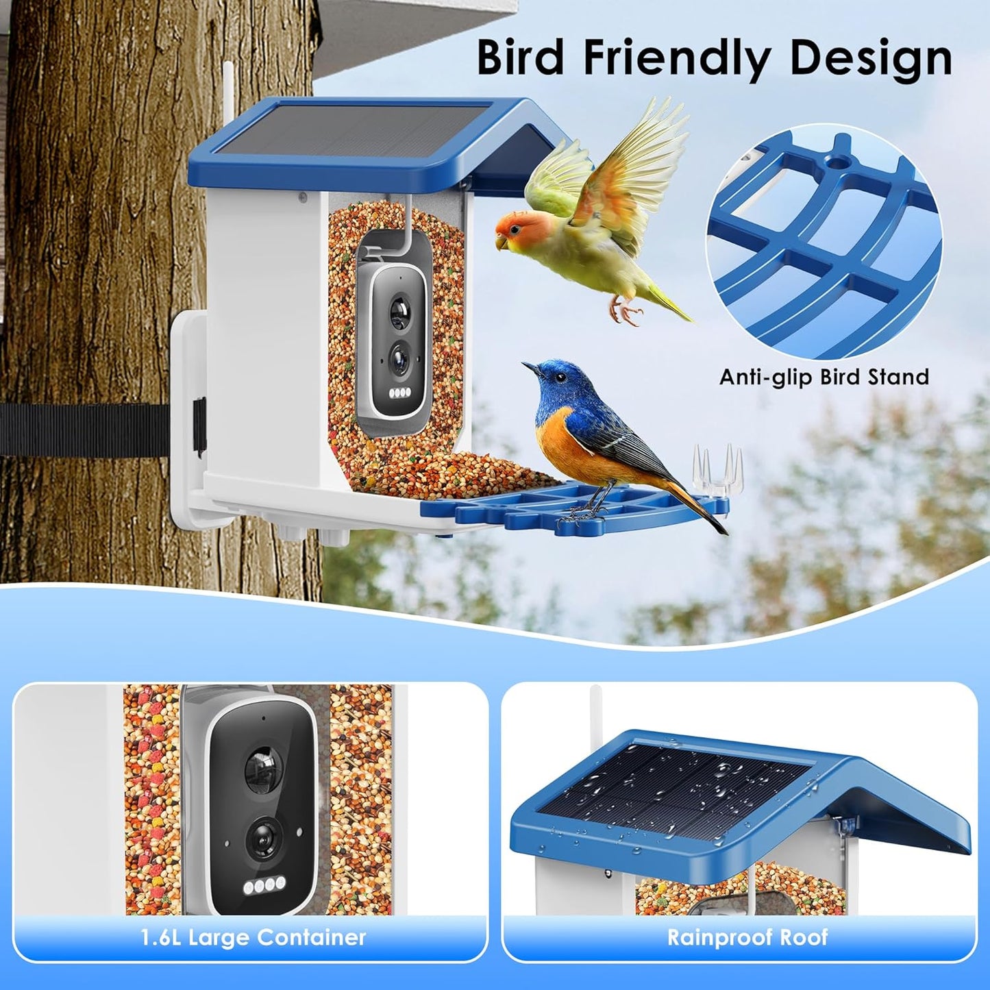 Smart Bird Feeder with 2.5K HD Camera – AI Bird Species Recognition, Solar-Powered, Live Alerts & Video Capture, Squirrel-Proof Outdoor Birdhouse, Gift for Nature Lovers