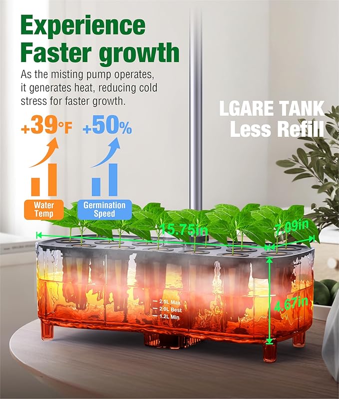 Misting 15 Pods Hydroponic Growing System Herb Garden Kit Indoor,2.5L Large Tank Plant Germination Kit with Adjustable Height Grow Light to “20", Quiet Pump, Auto Timer, Gardening Christmas Gifts