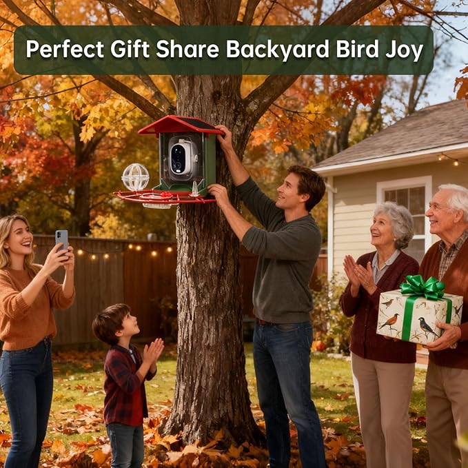 Smart Bird Feeder with Camera, 2K HD, Auto AI Identify 10000+ Birds, Solar-Powered, Night Vision, Real-Time Alerts, Family/Friend Sharing, Gift for Family and Bird Lovers