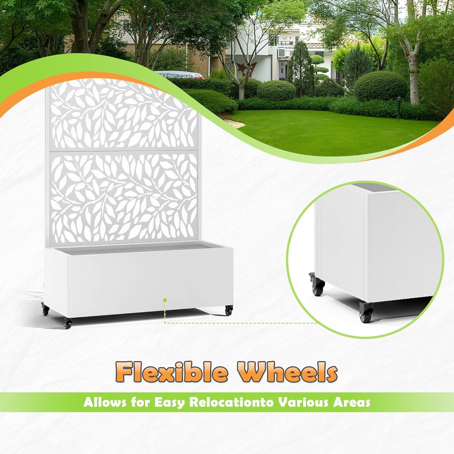 Metal Raised Garden Bed with Trellis, 2 in 1 Trellis with Planter Box & Privacy Screen for Climbing Plants, Vine, Outdoor Standing Flower Beds with Drainage Holes, 35.4"L x 15.7"W x 70.10"H,(White)