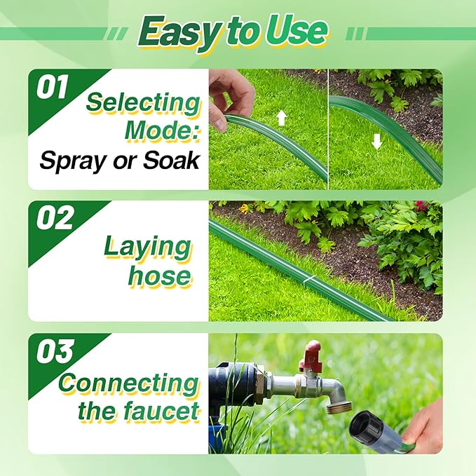 75ft Sprinkler Soaker Hose - Kink-Free, Save Water, Flexible - Heavy Duty Three Tube Flat Watering Hose for Garden Yard Lawn Irrigation, with 25 Stakes