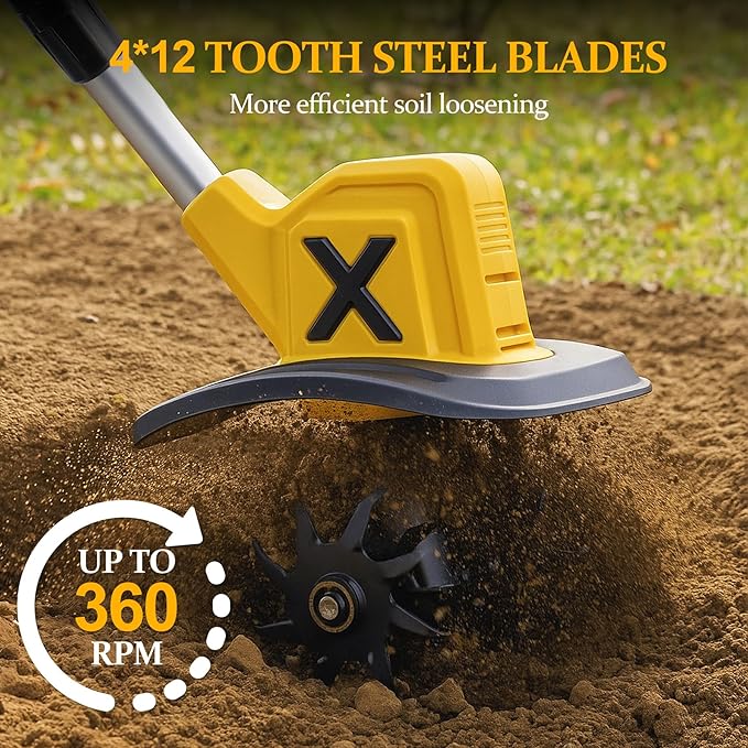 Cordless Electric Tiller, 270RPM High Speed Cordless Tiller, with 2 * 4.0Ah /21V Batteries & Charger, 9In Tilling Width and 6.6In Depth Garden Rototiller for Lawn/Gardening/Soil Cultivation