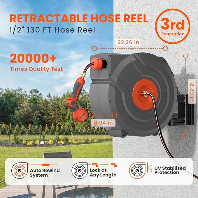 Upgraded Retractable Garden Hose Reels 130 ft X 1/2" PRO Metal Bracket 180° Swivel Any Length Lock Heavy Duty Water Hose Reels Wall Mount 9 Pattern Nozzle Garden Watering
