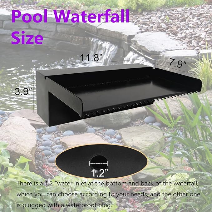 Pond Waterfall Spillway Pool Fountain Water Feature, Black Stainless Steel Outdoor Fountains, Swimming Pool Water Flow Waterfalls Kit for Garden Patio Ponds-11.8"x7.8"x3.9"(NO Light)