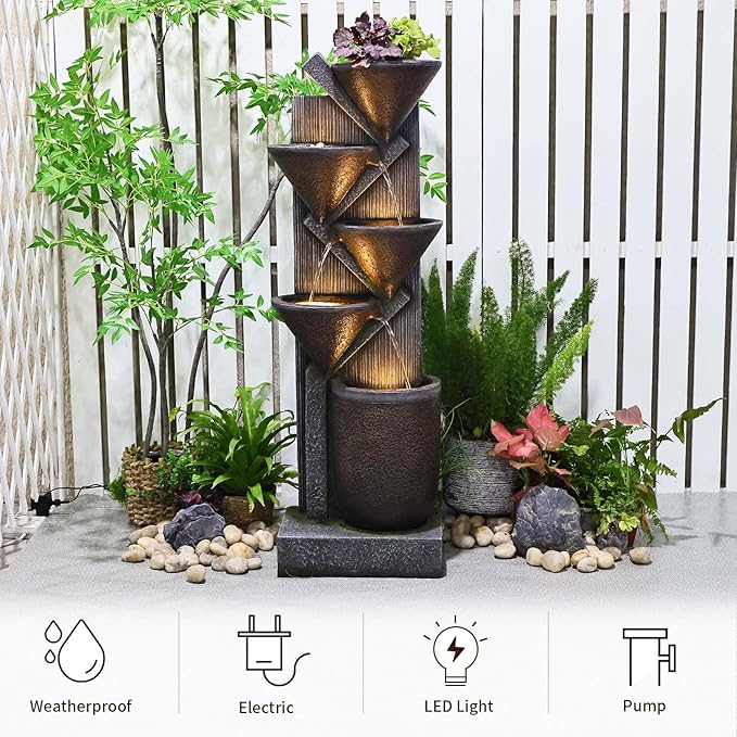 49.6" H Water Fountain Outdoor with LED Lights & Pump, 5-Tier Cascading Outdoor Fountain for Garden,Patio,Porch,Backyard,Home Art Decor (Brown)