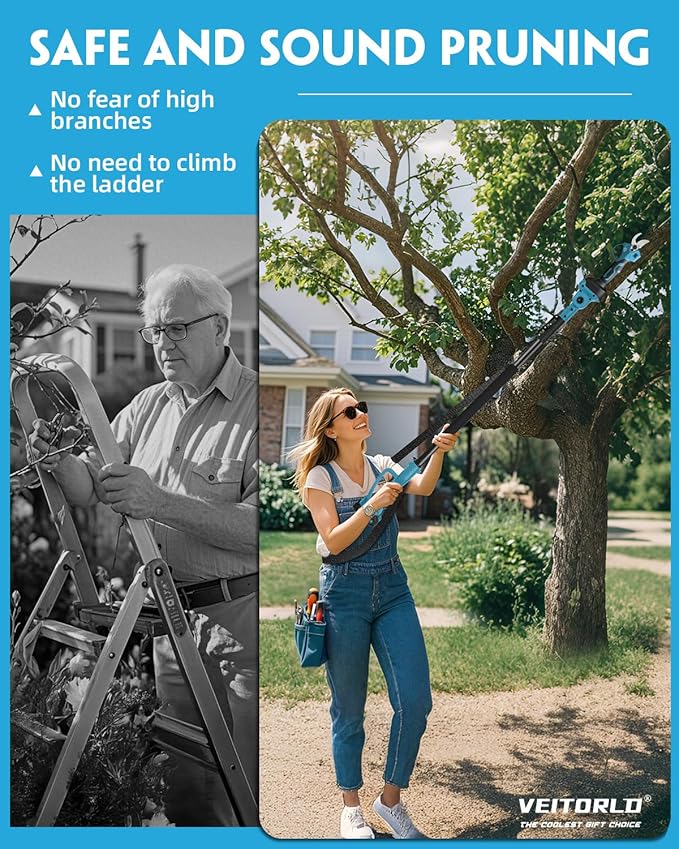 VEITORLD 2-IN-1 Cordless Electric Pole Pruning Shears, 15ft Reach, 1.2" Cutting Diameter, Battery Powered with 2 * 2.0Ah, Brushless Motor for Garden Tree Trimming, Gifts for Men Dad Him Christmas
