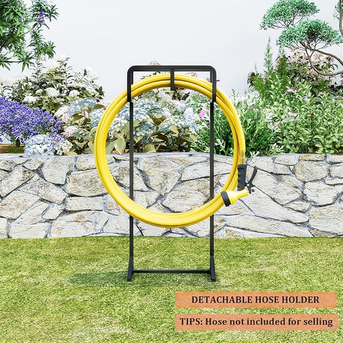 AZERPIAN Garden Hose Holder Detachable Hose Holder Freestanding Heavy Duty Metal Hose Reel Stand Water Hose rack For Outside (Black, 15.35 * 7.09 * 44.88)