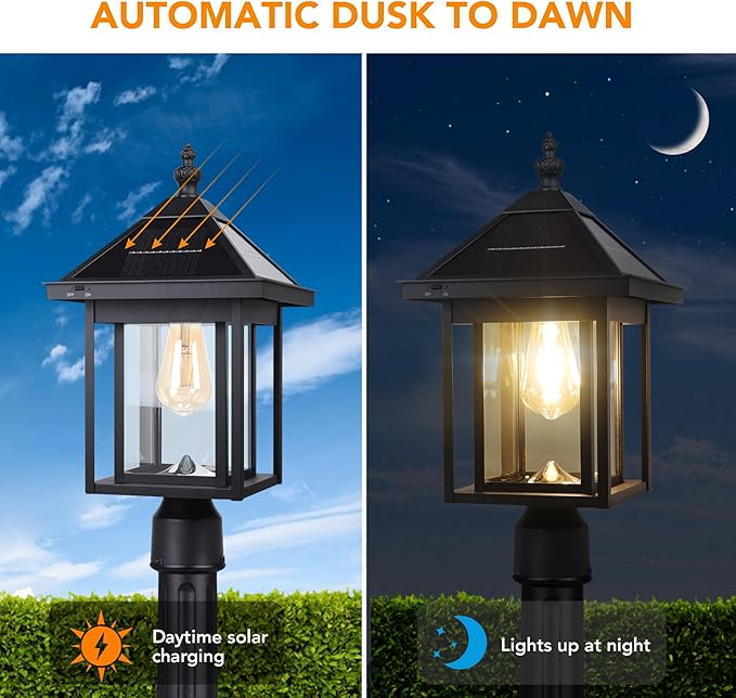 KMC Lighting ST4343Q-B Solar Post Light Outdoor Waterproof Black Aluminum Upgrade 300 LM for Post Lawn Yard Pathway Garden Entryways Decoration