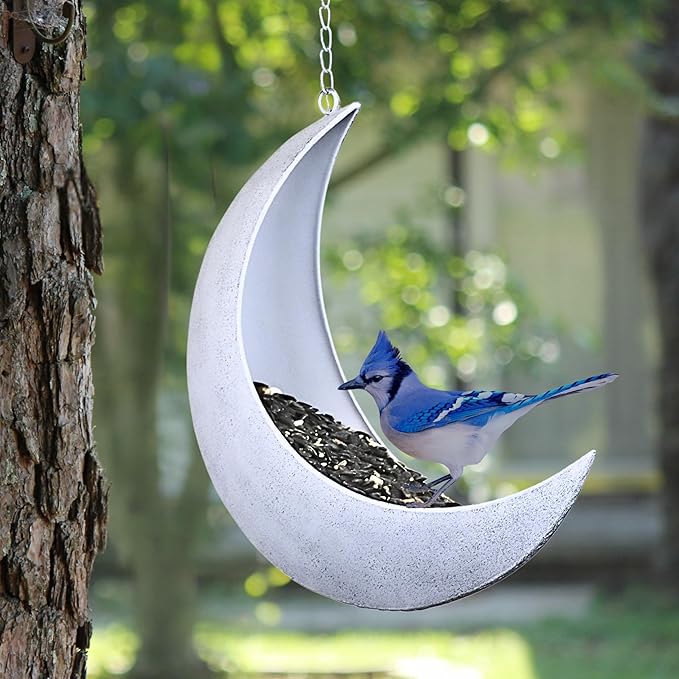 Hanging Moon Bird Feeder – Unique Metal Bird Feeders for Outdoors, Rustic White, Rust-Resistant, Drain Holes – Wild Bird Feeder for Bluebirds, Cardinals, Finches, and Backyard Birdwatching