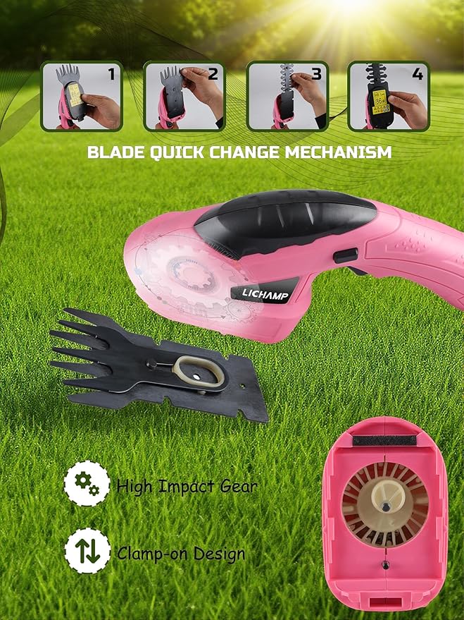 Lichamp 2-in-1 Electric Hand Held Grass Shear Pink Hedge Trimmer Shrubbery Clipper Cordless Battery Powered Rechargeable for Garden and Lawn, CGS3601PK Pink