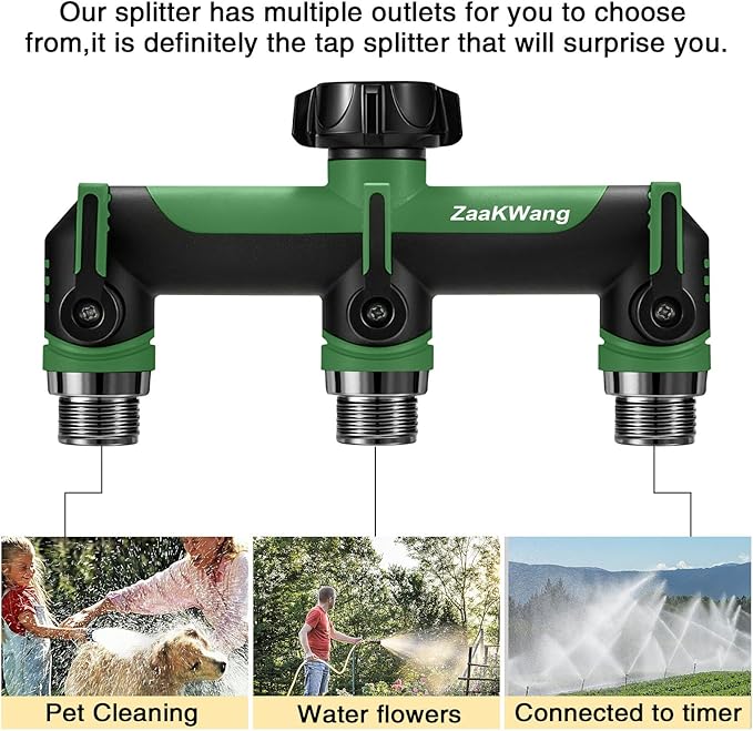 Full Flow Heavy Duty 3 Way Hose Splitter, Rugged Garden Faucet Adapter, Spout Diverter T - Way Adapter with Extended Handle, 3/4” GHT Thread, Green
