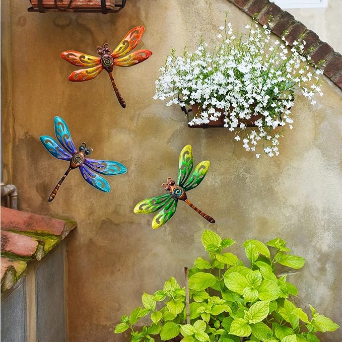 wotieuns Metal Dragonfly Wall Decoration, Garden Fence Outdoor Wall Art, Outdoor Wall Decoration, Outdoor Art Decoration Dragonfly, Suitable for Living Room, Bedroom, Yard and Porch, Set of 3