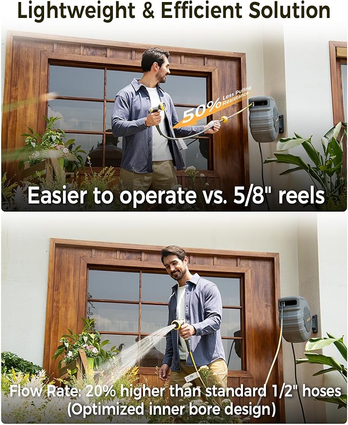 GLAHODEN Retractable Garden Hose Reel 1/2 in x 130 ft, 2025 Upgraded Dual Ratchet Lock UV & Freeze Protection Brass Seal Slow Retraction Anti-Tangle Hose 180°Swivel Reinforced Scaffold Wall Mount