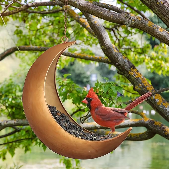 Hanging Moon Bird Feeder – Unique Metal Bird Feeders for Outdoors, Antique Gold, Rust-Resistant, Drain Holes – Wild Bird Feeder for Bluebirds, Cardinals, Finches, and Backyard Birdwatching