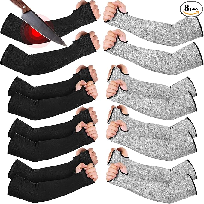 JaGely 8 Pairs Level 5 Cut Resistant Sleeves with Thumb Hole 18 Inches Arm Protection Sleeve Farmer Gardening (Black,Gray)
