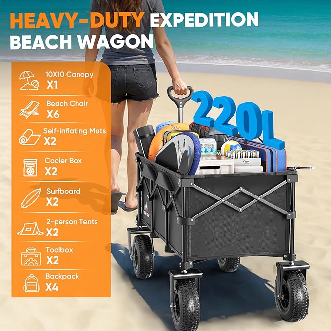 Beach Wagon with 10x3.5 Big Rubber Wheels for Sand, 400lbs Heavy Duty 220L Collapsible Utility Wagon, Easy Transport & Storage, Ideal for Sport, Camping, All-Terrain Outdoor Activities, Black