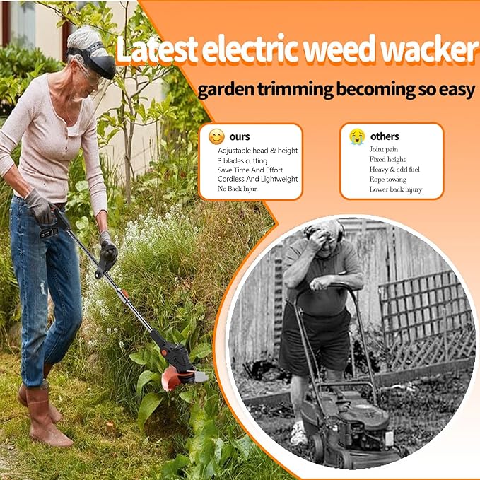 21V String Trimmer Cordless Battery Powered Weed Wacker, 2 X 2.0Ah Battery and a Charger, Brush Cutter Lawn Mower Edger Lawn Tool for Garden and Yard