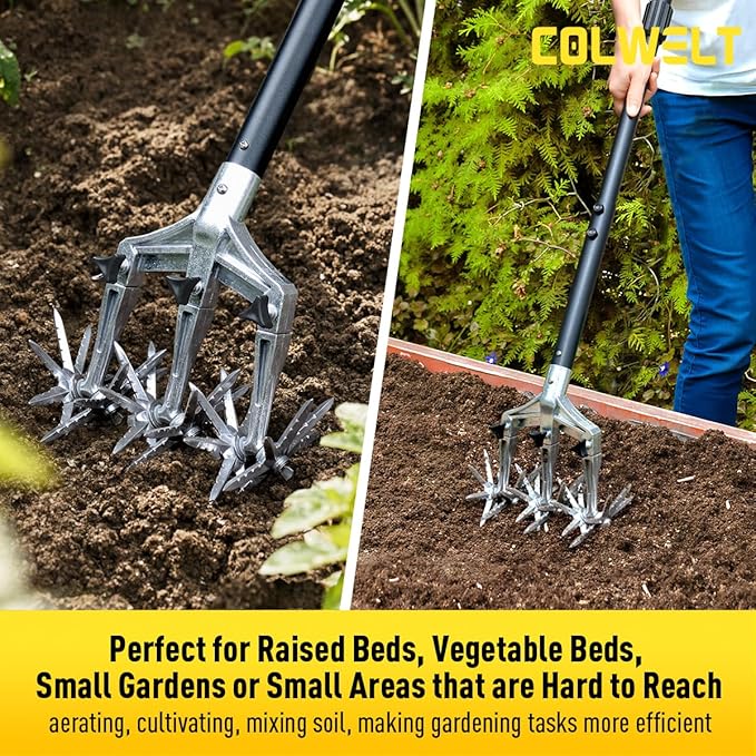 Colwelt Rotary Cultivator Garden Tool 61’’, Hand Tiller Garden Tool with Detachable Aluminum Tines, Cultivators for Gardening Soil or Reseeding Grass, Manual Cultivators & Tillers for Flowers Beds