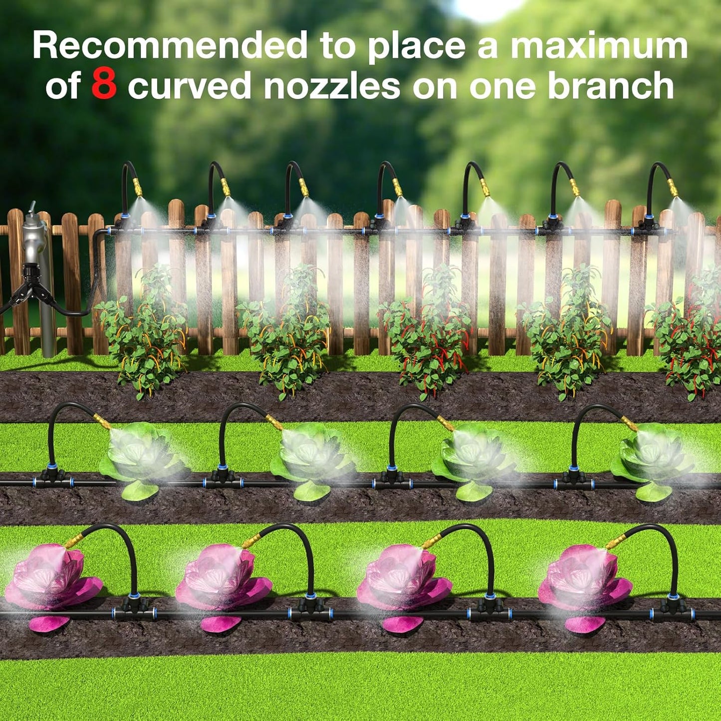 Mixc 50Ft 1/4" Drip Irrigation System,Garden Irrigation Kit with 12pcs Adjustable Copper Nozzles,Automatic Watering System for Outdoor,Raised Bed,Potted Plant,Lawn,Greenhouse Accessories for Yard