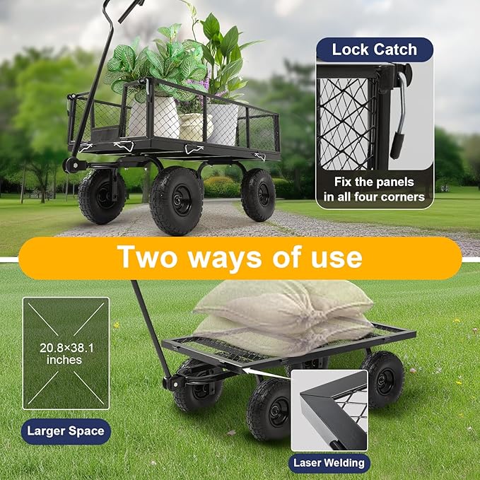 Heavy Duty 900 LBS Capacity All-Terrain Steel Utility Cart - 10" Solid 3.5-4" Wheels & Tires with 180° Swivel Handle | Removable Side Panels & Laser-Welded Frame Multi-Surface Garden Wagon