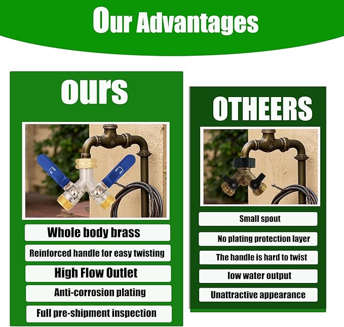 EJW brass hose splitter high flow splitter full flow hose splitter 2 way water splitter Faucet Splitter heavy duty splitter Valve 3/4 Inch GHT Thread