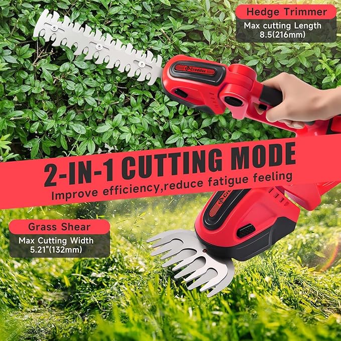 Cordless Hedge Trimmer, 2-in-1 Handheld Electric Hedge Trimmer/Grass Shears for Garden,Yard and Lawns, Shrub Trimmer with 2 PCS Rechargeable Battery&Charger (Red)