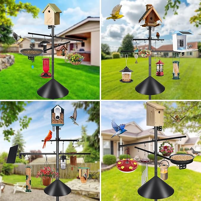 Gtongoko Squirrel Proof Smart Bird Feeder Pole for Outdoors 107 Inch 1 Inch Diameter Bluebird House Pole with 2 Platform and 8 Hooks for Bird Feeder with Camera Adjustable Heavy Duty Mounting Pole