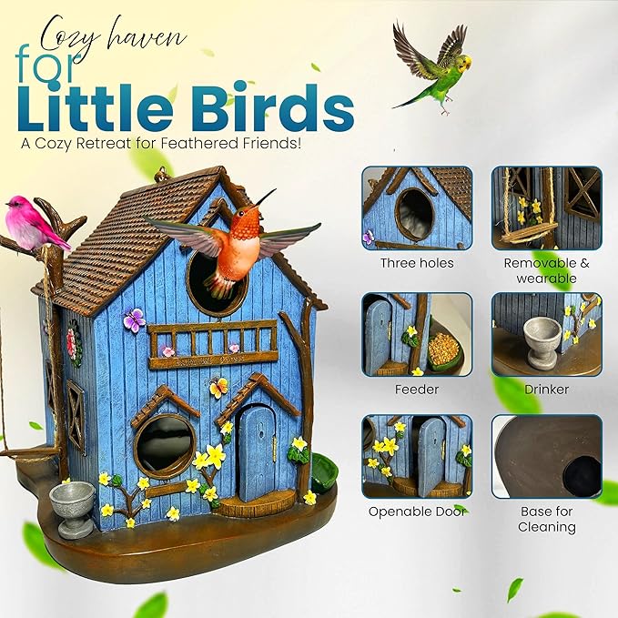 Enchanted Forest Outdoor Birdhouse for Hanging - Deluxe Multi-Family Design, Multiple 1.65" Entrance Holes, Swing Perch, Seed Tray, Water Dish, Butterfly & Flower Accents, Weather Resistant Resin