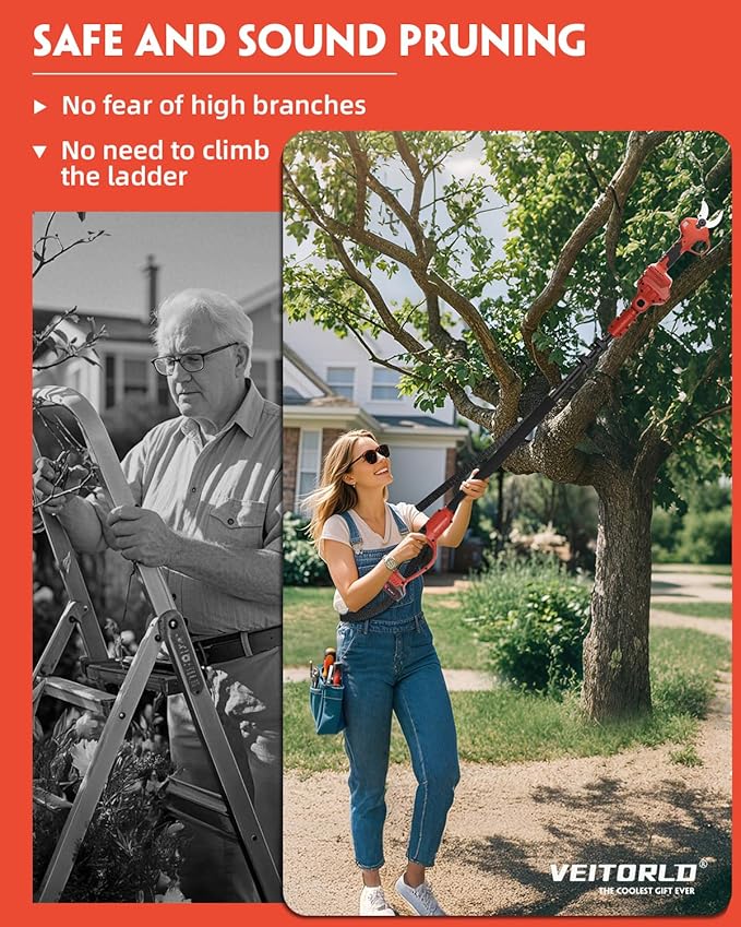 VEITORLD 2-IN-1 Cordless Electric Pole Pruning Shears, 15ft Reach, 1.6" Cutting Diameter, Battery Powered with 2x 2000mAh, Brushless Motor for Efficient Garden Tree Trimming, Branch Cutting(Red)