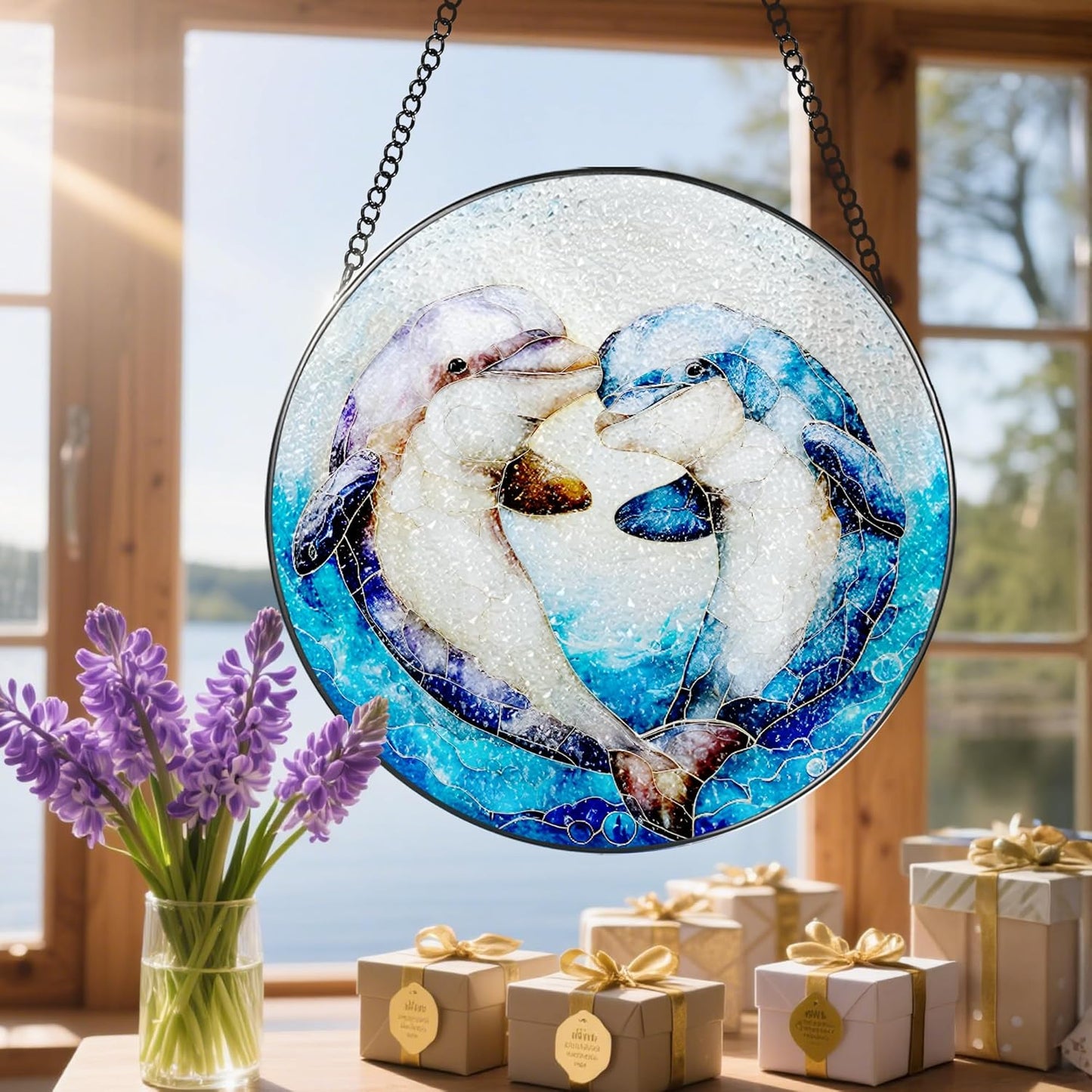 Stained Glass Window Hanging, 8 Inch Dolphin Sun Catcher Decor, Stained Glass Ornament, Suncatchers for Windows Hanging, Window Decor, Dolphin Gifts, Gift for Couples