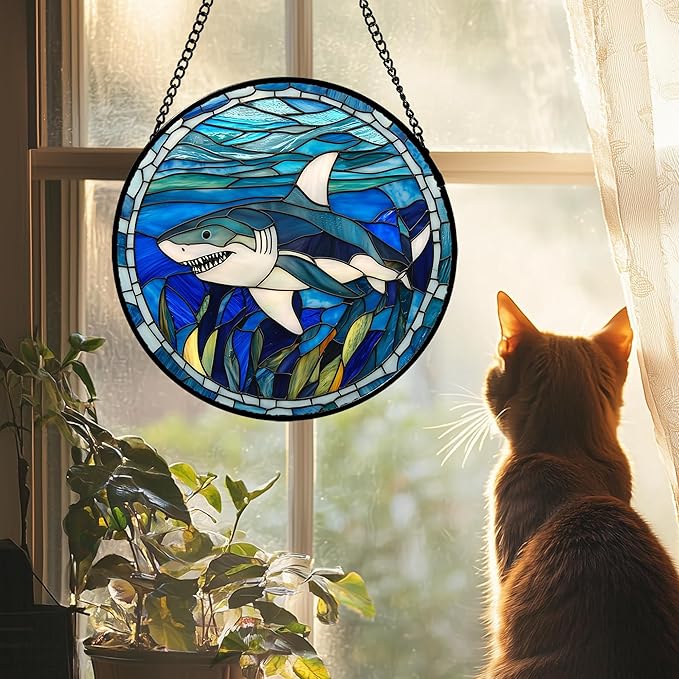 Stained Glass Suncatcher, Blue Ocean Big Shark Sun Catcher Waterweed Stain Glass Window Hanging Decoration Mother's Day Birthday Gifts for Women Men Mom Nana 9.8 in