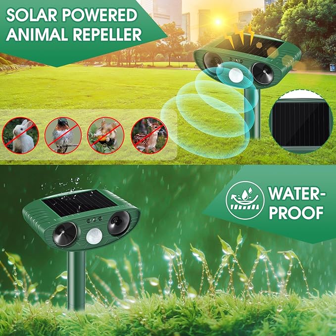 2 Pack Solar Animal Repeller Outdoor, Cat Deterrent with Ultrasonic & Flashing LED - Night Time Motion Activated Pest Control for Garden Yard to Repel Cats, Raccoons, Deer, Skunks, Squirrels