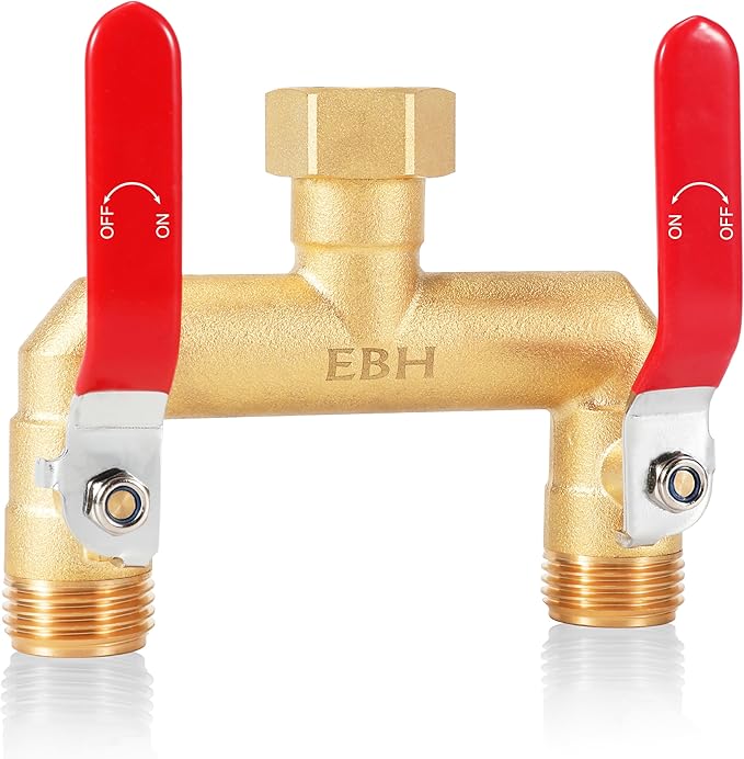 EBH Garden Hose Splitter, 2-Way High Flow Heavy Duty Brass Outdoor Hose Manifold with Extra Long Handles Full Flow Faucet Adapter- 3/4” GHT(Red)