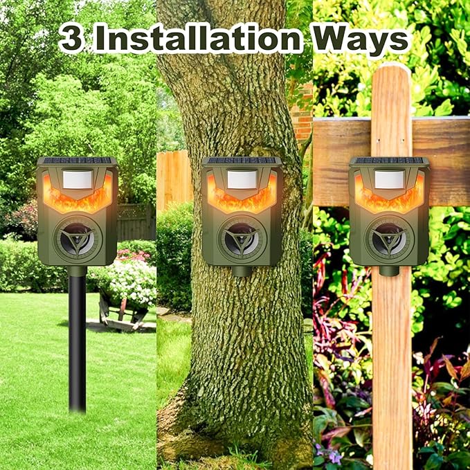 Solar Animal Repeller Ultrasonic Deer Repeller Fox Deterrent with 5 Modes Motion Sensor Flame Light for Repel Squirrel Cat Dog Outdoor Lawn Orchard Garden
