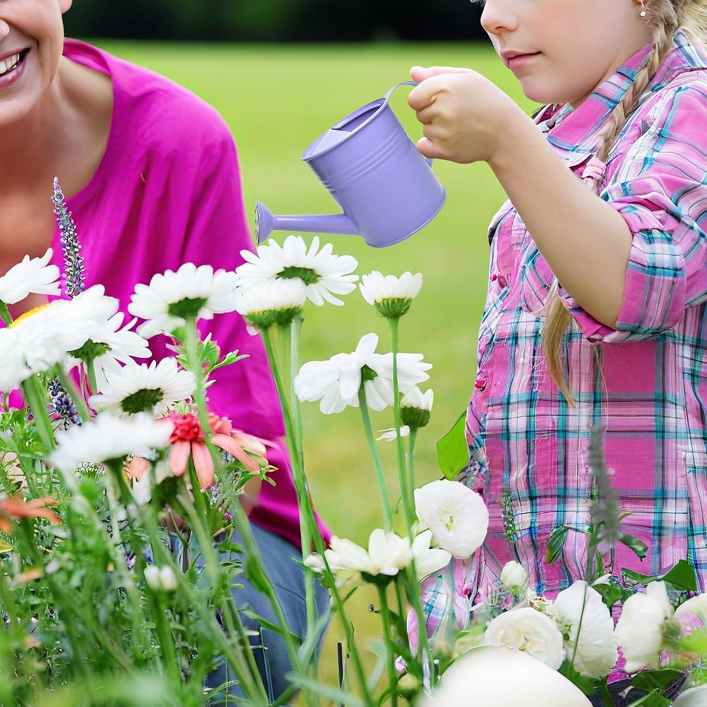 Small Metal Watering Can Set, Pink, 1.2L and 0.23L Garden Cans with Long Spout, Indoor Outdoor Plant Care (Purple)