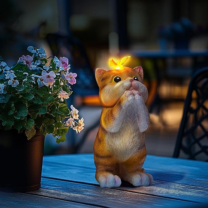 Solar Garden Decor Outdoor Statues Cat - Lawn Decor Statue for Patio, Balcony, Yard Ornament - Unique Gifts for Housewarming, Birthday, Christmas (Yellow)