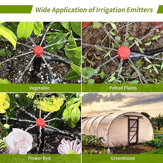 50pcs Drip Irrigation Emitters Drip Emitters for 1/4" Drip Irrigation Tubing 360 Degree Water Flow Adjustable Irrigation Drippers with Lock Barbed Drip Irrigation Heads for Flower Plants Garden