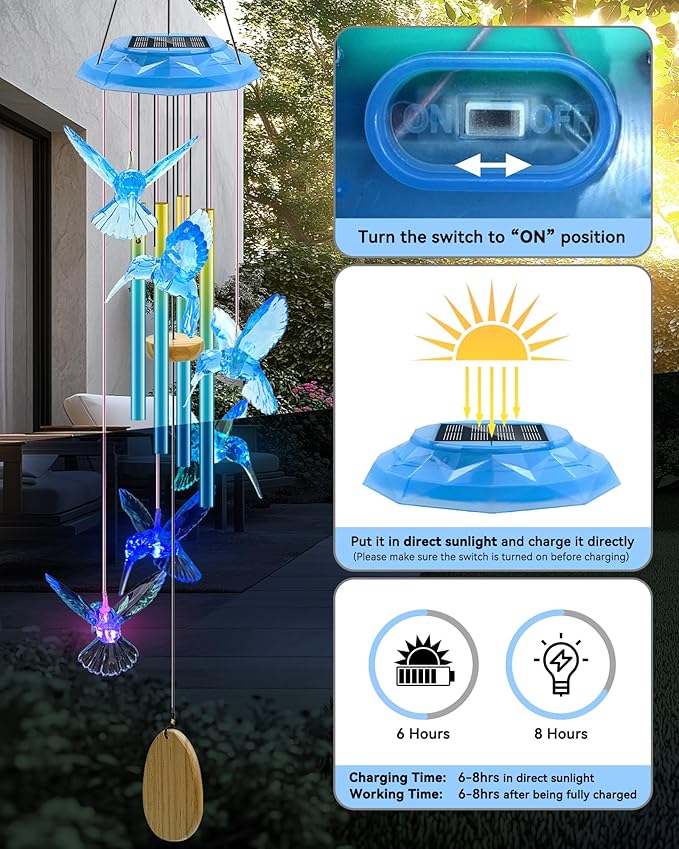 Hummingbird Solar Wind Chimes, Memorial Gifts for Mom, Glowing Top Color Changing Hummingbirds Moblie LED Wind Chime for Outside, Outdoor Home Party Garden Decor Light(Blue)