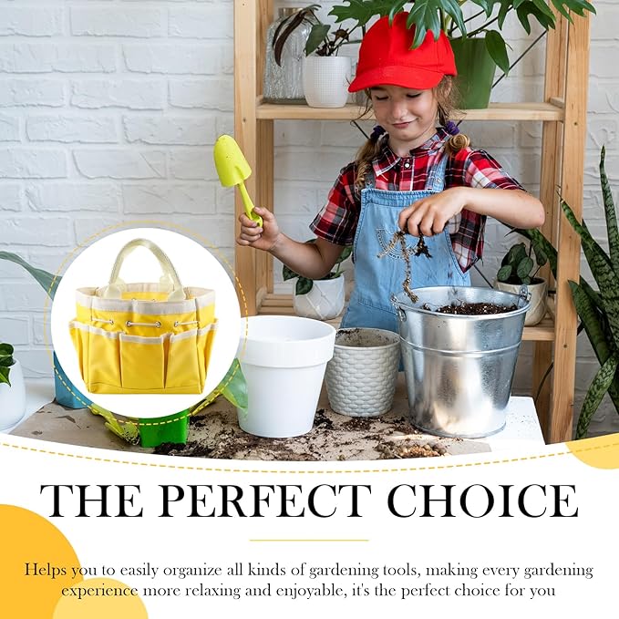 Small Garden Tote Bag Oxford Waterproof with 8 Pockets Gardening Plant Tool Organizer Storage Carrier Store for Outdoor Children (Yellow)