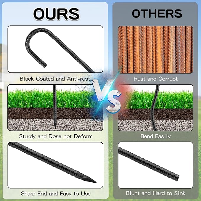 Black Rebar Stakes 16inx10mm Galvanized J Hook 20pcs – Heavy Duty Ground Tent Stakes for Fence,Bounce House,Outdoor Plants,Artificial Turf,Dog Coop,Metal Stakes for Christmas Decorations