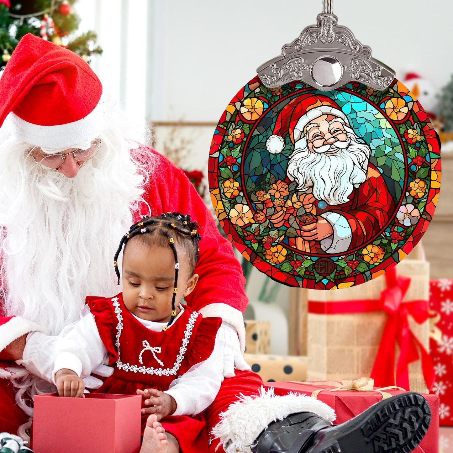 Santa Claus Colorful Christmas Ornament, Stained Glass Xmas Hanging Decor, Retro Style Funny Santa Ornaments Gift