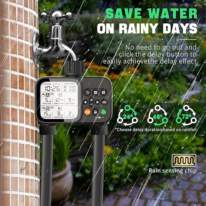 2 Zone Sprinkler Timer for Garden Hose, 8 Programmable Hose Water Timer with Auto Rain Delay, 3.3โ Large LCD Display Digital Irrigation System for Plant, Yard, Lawns, Outdoor