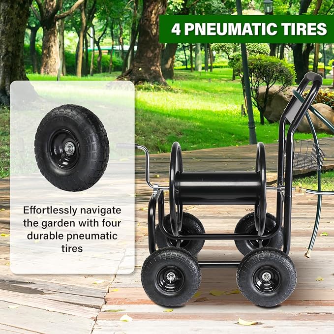 VINGLI 4-Wheel Garden Hose Reel Cart with Storage Basket, Portable Residential Hose Reel Cart, Lawn Watering, for Garden Backyard and Farm