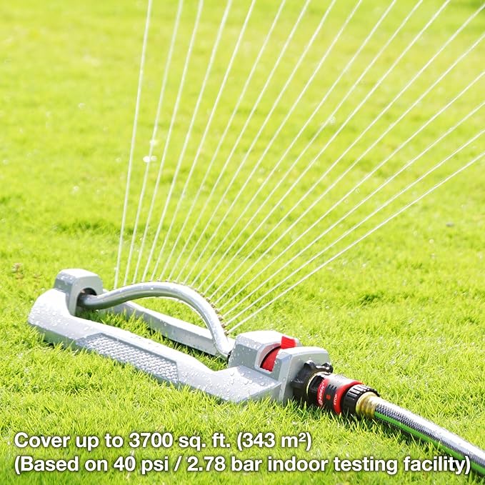 Eden 96218 Heavy Duty Turbo Oscillating Sprinkler, Covers Up to 3,700 sq. ft., 18 Brass Nozzles, Weighted Aluminum Base, Adjustable Range, Quick Connect Bundle, Silver, Red, Black