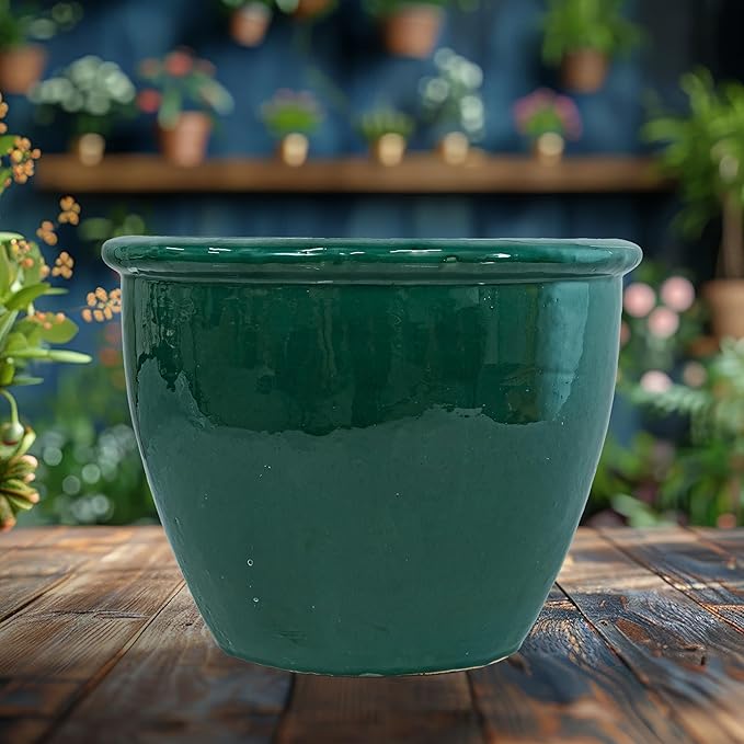 Sunnydaze Large Ceramic Plant Pot - Round Outdoor Glazed Ceramic Planter Pot with Drainage - Chalet -Dark Green - 14.5"