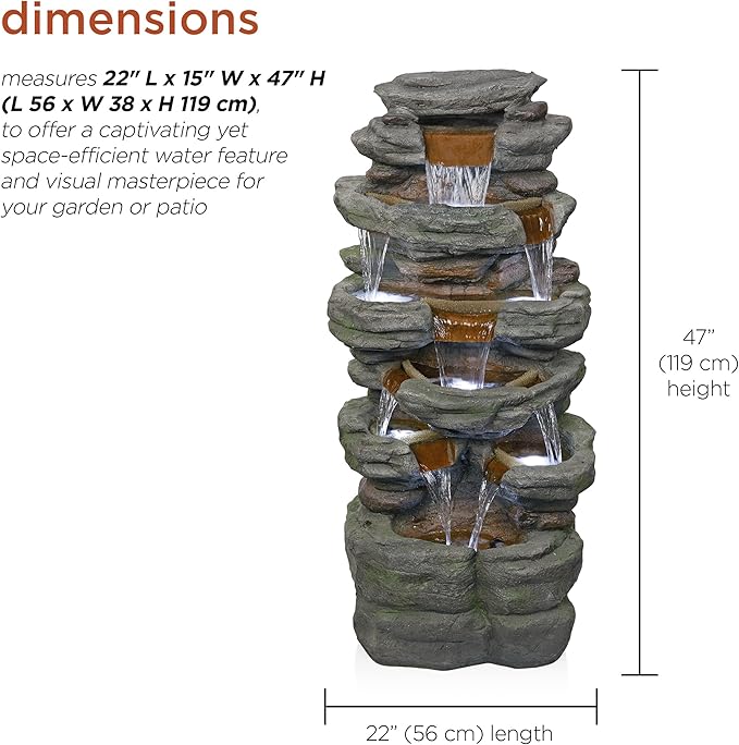 Alpine Corporation TZL352 Outdoor Floor Stone Tower Fountain with LED Lights, Multi-Level Garden Water Fountain, 47"H, Gray