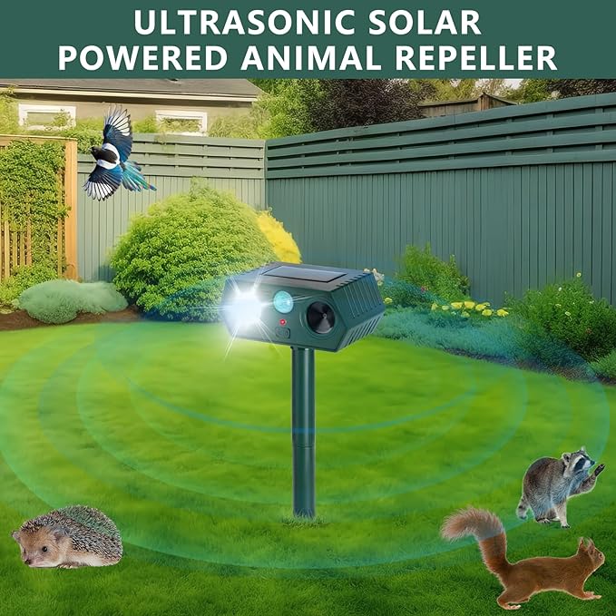 1Pack 2025 Ultrasonic Animal Repellent Outdoor Deer Repellent Devices Solar Animal Repeller Motion Activated Deterrent to Scare Cat Squirrel Rabbit Raccoon Skunk for Yard Lawn